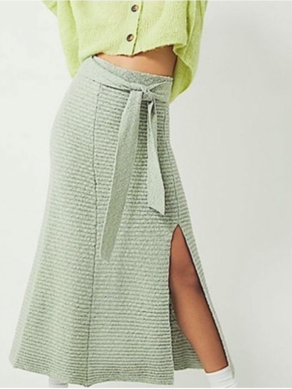 Free People Sage Green Ribbed Tie-Waist Midi Skirt